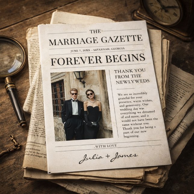 Vintage Newspaper Wedding Photo Thank You Card (Creator Uploaded)