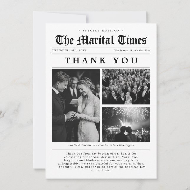 Vintage Newspaper Wedding Thank You Card (Front)