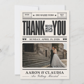 Vintage Newspaper Wedding Thank You Card with QR