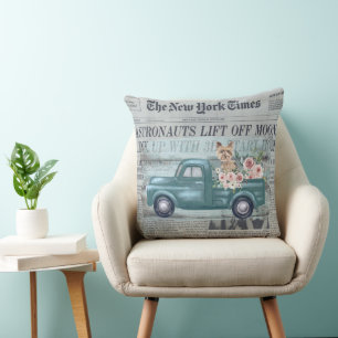 Vintage Newspaper Yorkie And Truck Ephemera Cushion