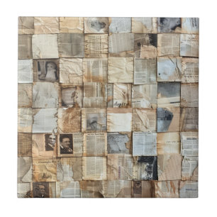 Vintage Newsprint & Parchment Collage Ceramic Tile