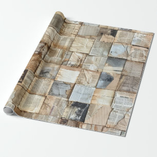Vintage Newsprint & Parchment Collage Wrapping Paper
