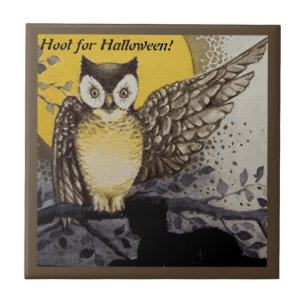Vintage Night Owl Wing on Branch Moon Ceramic Tile