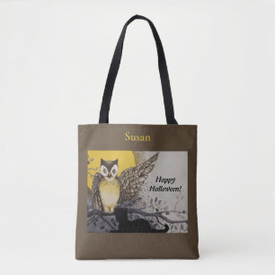 Vintage Night Owl Wing on Branch Moon Tote Bag