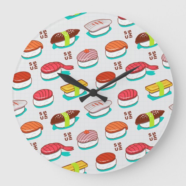 Vintage nigiri sushi, doodle pattern large clock (Front)
