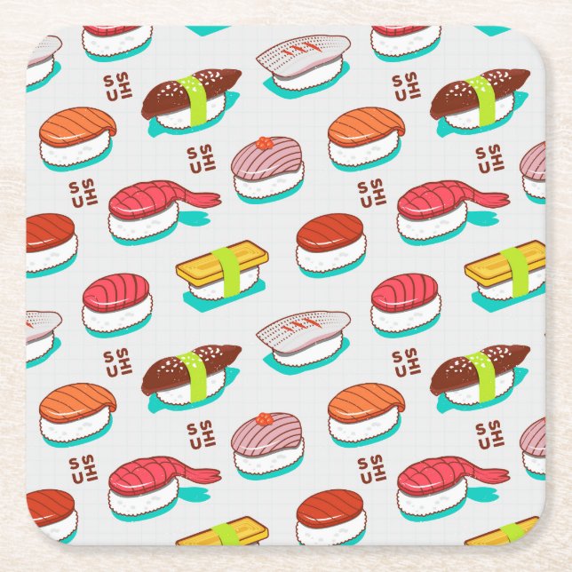 Vintage nigiri sushi, doodle pattern square paper coaster (Front)