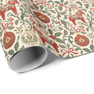 Vintage Nordic Dala Horse Holly Christmas Ornament Wrapping Paper