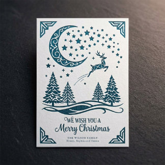 Vintage Nordic Reindeer Moon Christmas Greeting Holiday Card