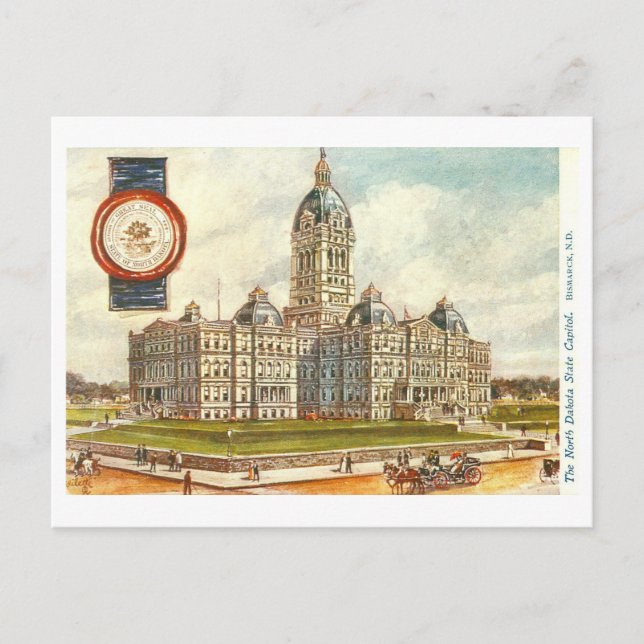 Vintage North Dakota Capitol with Seal Postcard (Front)