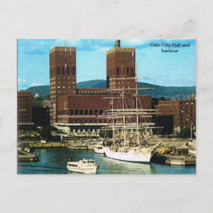 Vintage Norway, Oslo City CHall and harbour Postcard