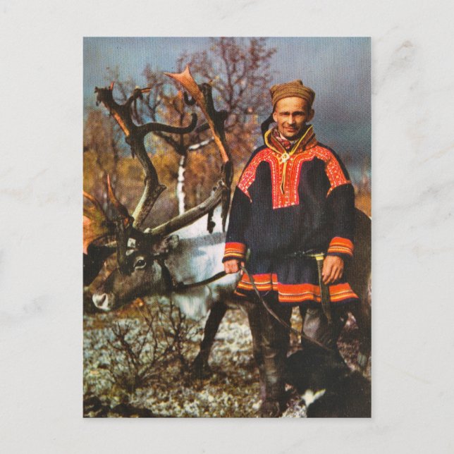 Vintage Norway, Sami and his reindeer Postcard (Front)