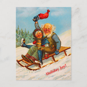 Vintage Norwegian Christmas Couple Sledding (copy) Holiday Postcard