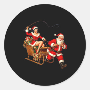 Vintage Nup Girl Santa Sleigh Funny Christmas Coup Classic Round Sticker