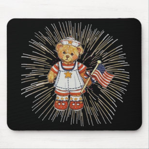 Vintage Nurse Bear with Modern White Fireworks Mouse Pad