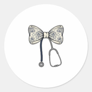 Vintage Nurse Bow Stethoscope Floral Shirt Design_ Classic Round Sticker