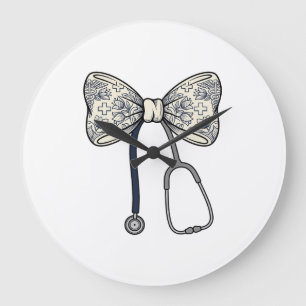 Vintage Nurse Bow Stethoscope Floral Shirt Design_ Large Clock