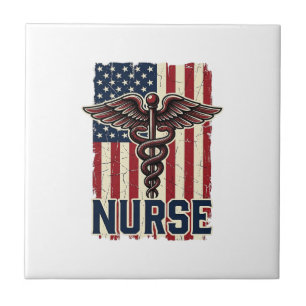 Vintage Nurse Flag Caduceus Back Design_1 Ceramic Tile