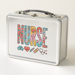 Vintage Nurse Typography Medical Icon Shirt Design Metal Lunch Box