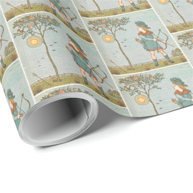 Vintage Nursery Rhyme Illustration Boy Bow Arrow Wrapping Paper (Roll Corner)