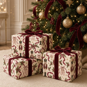 Vintage Nutcracker Ballet Burgundy Bow Christmas Wrapping Paper