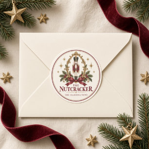 Vintage Nutcracker Burgundy Bow Family Name Classic Round Sticker