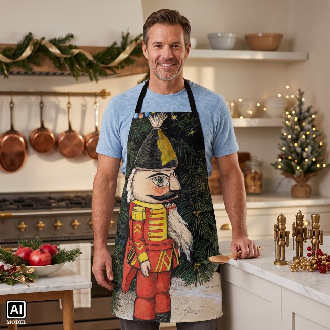 Vintage Nutcracker Under Christmas Tree Apron (Vintage illustration Victorian Christmas design with a German nutcracker under a Christmas tree.)