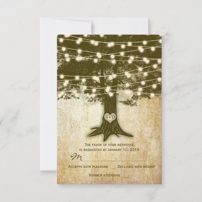 Vintage Oak Tree Rustic String Lights Wedding RSVP (Front)