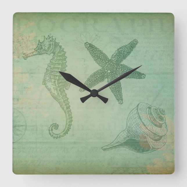 Vintage Ocean Animals and Seashells Square Wall Clock (Front)