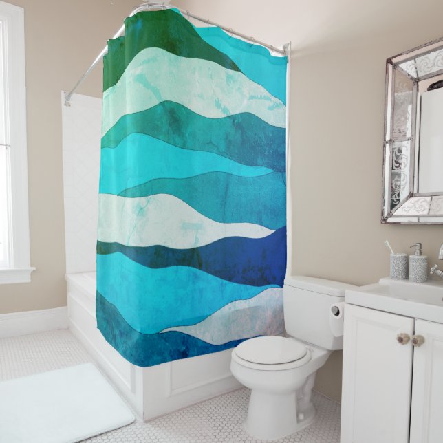 Vintage Ocean Blue Shower Curtain (In Situ)