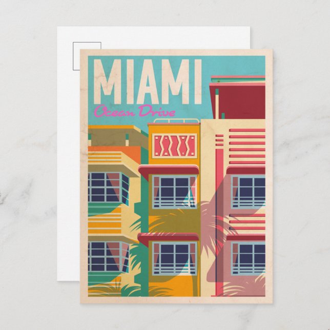 Vintage Ocean Drive Miami Postcard (Front/Back)