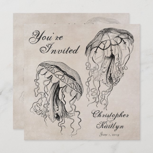 Vintage Ocean Jellyfish Beach Wedding Invitation (Front/Back)