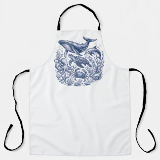 Vintage Ocean Life Blue and White Nautical Apron