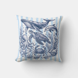 Vintage Ocean Life Blue Stripe Nautical Cushion