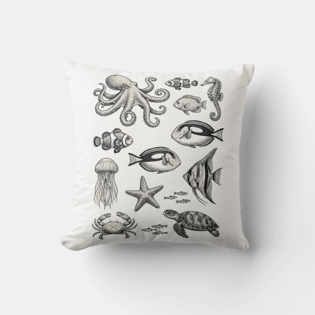 Vintage Ocean Life Engraving Illustration Cushion (Front)