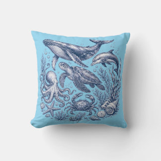 Vintage Ocean Life Light Blue Nautical Cushion