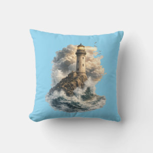 Vintage Ocean Lighthouse Blue Throw Pillow