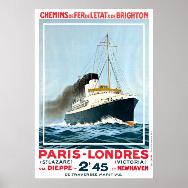 VINTAGE OCEAN LINER PARIS LONDON TRAVEL POSTER (Front)