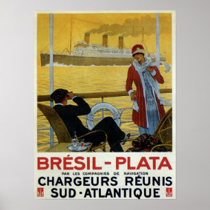 Vintage ocean liner to Brazil Plata ad Poster