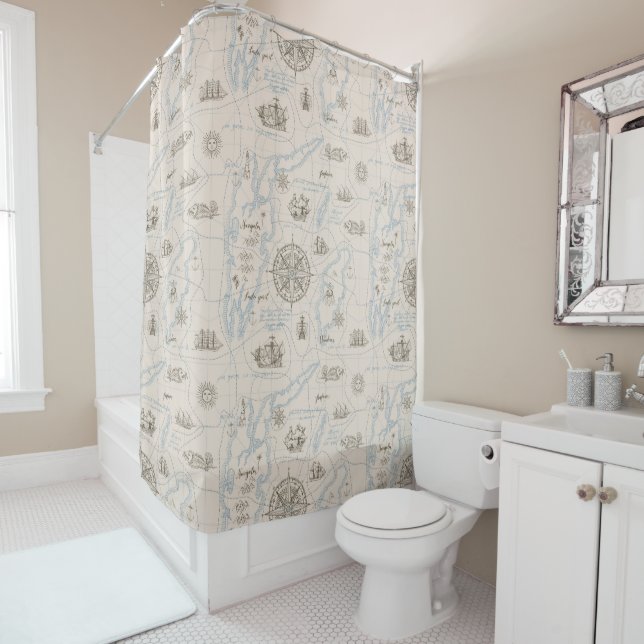 Vintage Ocean Map Pattern Shower Curtain (In Situ)