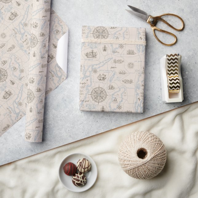 Vintage Ocean Map Pattern Wrapping Paper (Crafts)