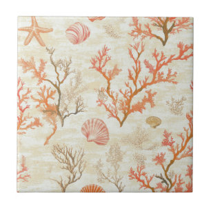 Vintage Ocean Shell Coral Starfish Beige Ivory Ceramic Tile