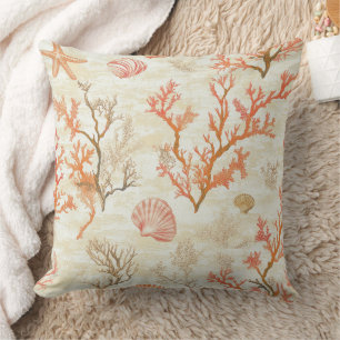 Vintage Ocean Shell Coral Starfish Beige Ivory Cushion