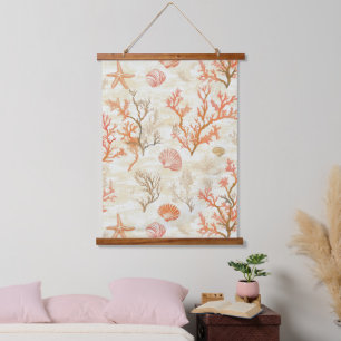 Vintage Ocean Shell Coral Starfish Beige Ivory Hanging Tapestry