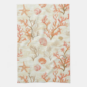 Vintage Ocean Shell Coral Starfish Beige Ivory Tea Towel
