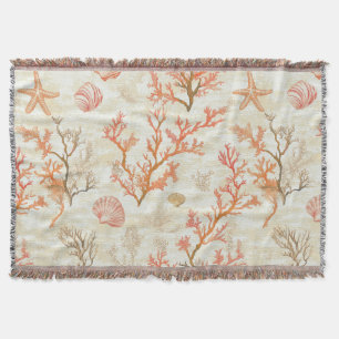Vintage Ocean Shell Coral Starfish Beige Ivory Throw Blanket
