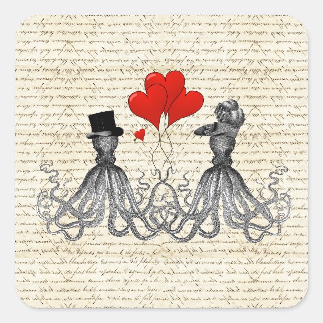 Vintage octopi and hearts square sticker (Front)