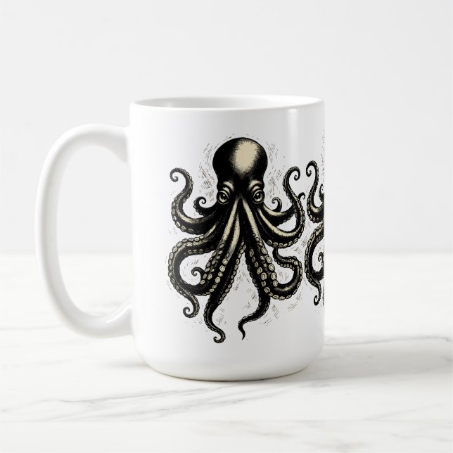 Vintage Octopus Curious Tentacles Ink Illustration Coffee Mug (Left)