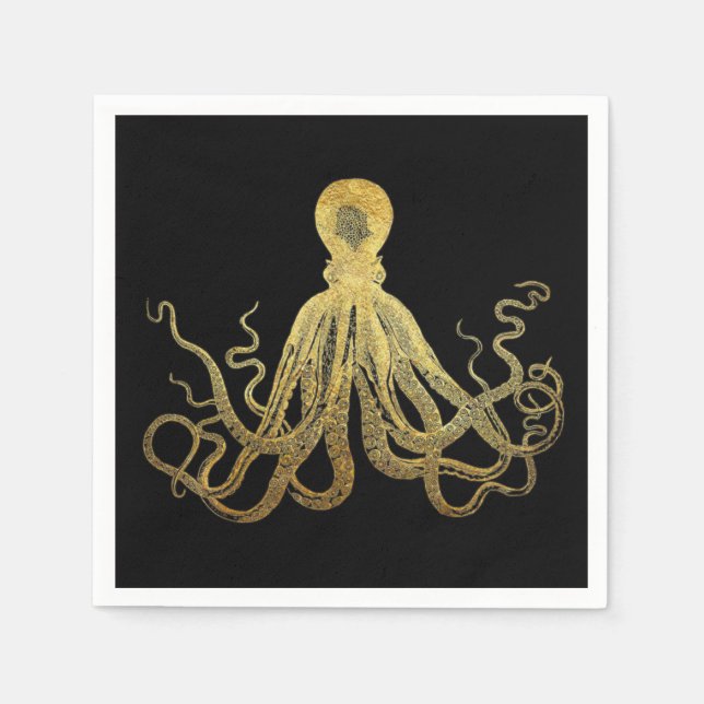 Vintage Octopus Gold Black Ink Coastal Nautical Napkin (Front)