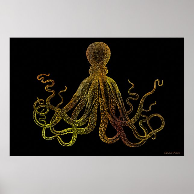 Vintage Octopus In Black And Gold Poster (Front)