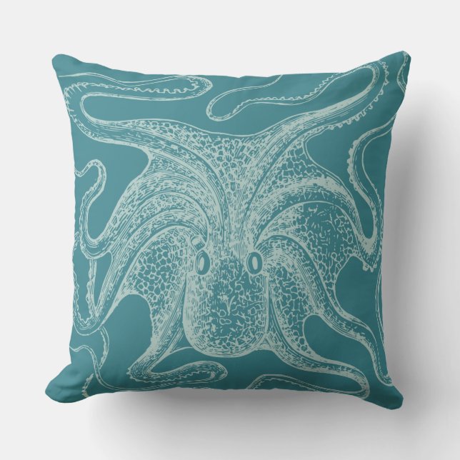Vintage Octopus Nautical Teal Cushion (Front)